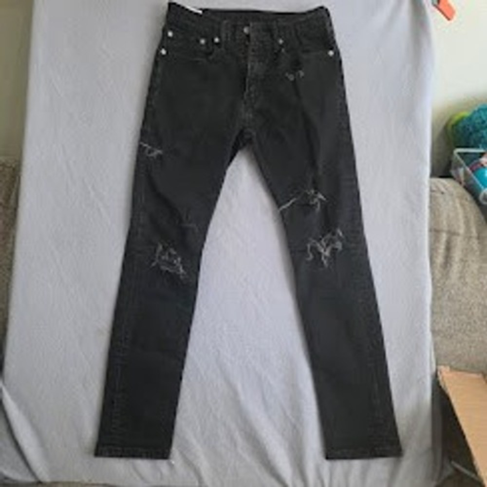 Levis 502 Regular Taper Mens Black Distressed Ripped Jeans 31x32 Streetwear Punk